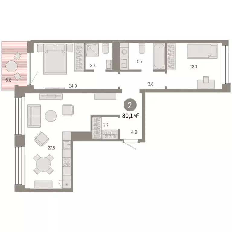 2-комнатная квартира: Тюмень, улица Муравленко, 9/2 (80.09 м) - Фото 1