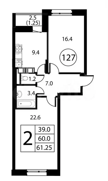 2-к. квартира, 61,3 м, 8/12 эт. - Фото 0