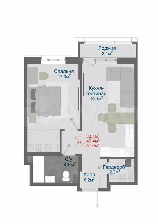 2-к. квартира, 51 м, 3/9 эт. - Фото 0