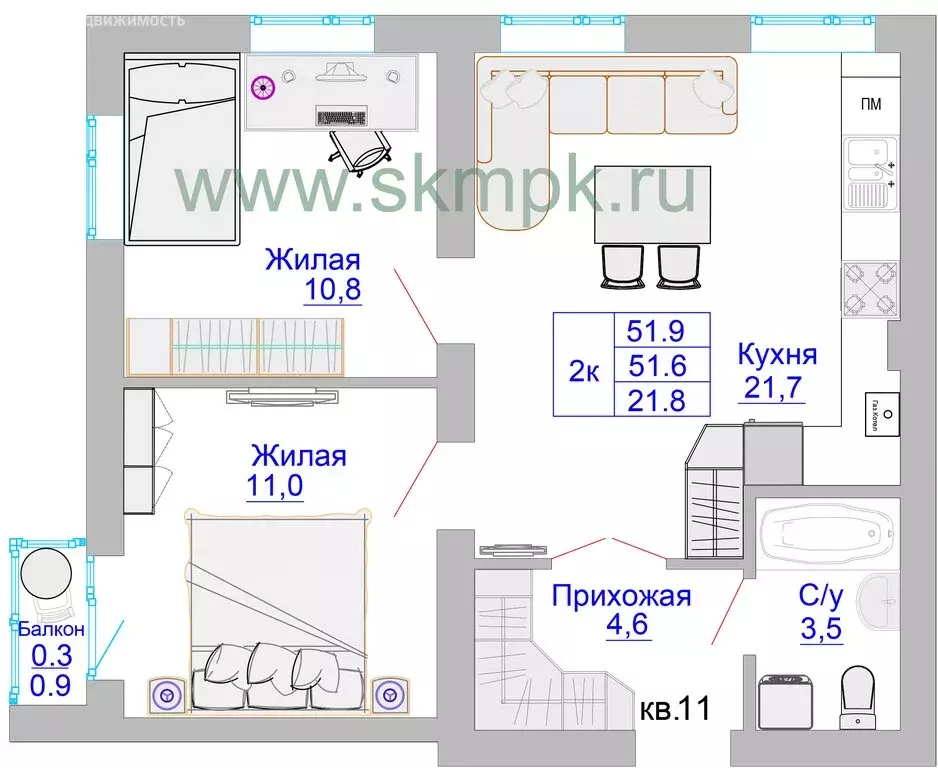 2-комнатная квартира: Калининград, Печатная улица, 49 (51.9 м) - Фото 0