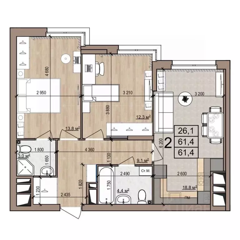 2-к кв. Рязанская область, Рязань ул. Новоселов, 33Б (61.4 м) - Фото 1