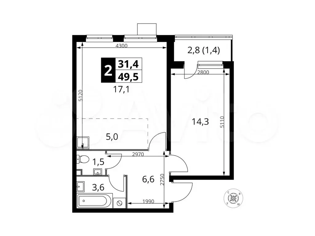 2-к. квартира, 49,5 м, 21/24 эт. - Фото 0