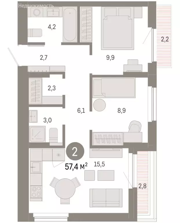 2-комнатная квартира: Новосибирский район, рабочий посёлок Краснообск, ... - Фото 2