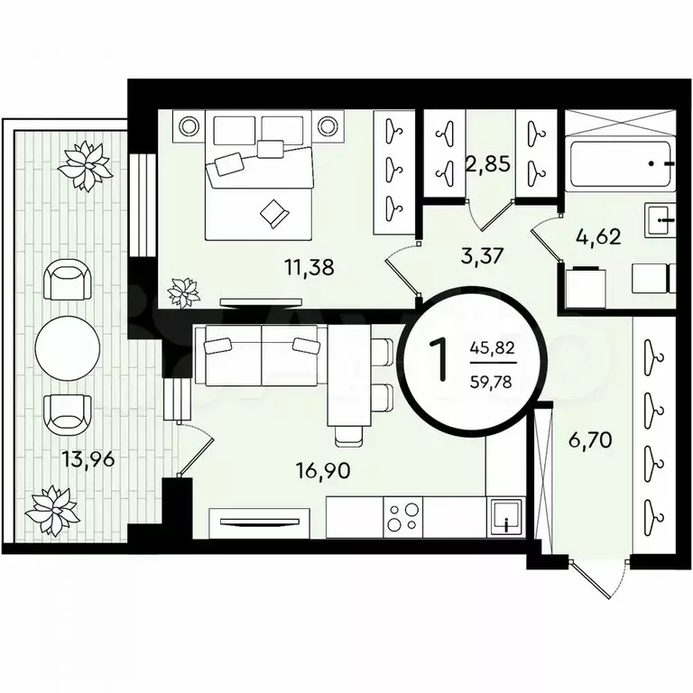 1-к. квартира, 59,8 м, 1/4 эт. - Фото 0