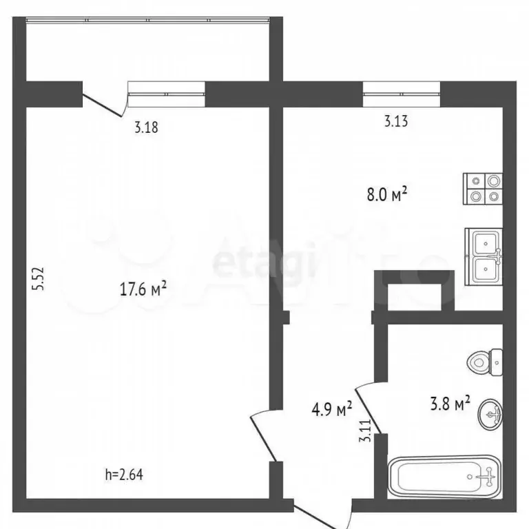 1-к. квартира, 30,6 м, 8/8 эт. - Фото 0