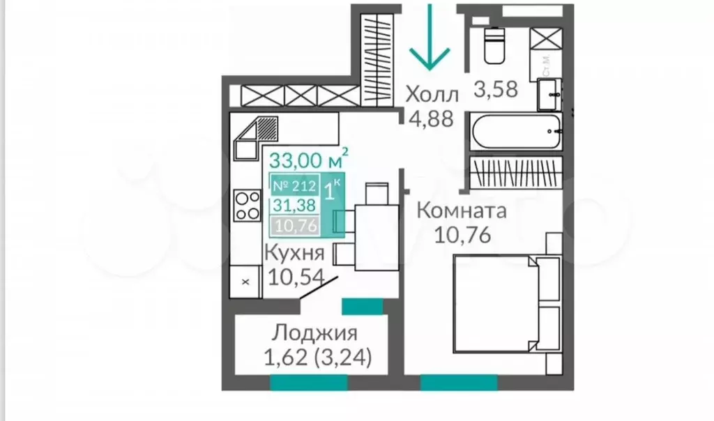 1-к. квартира, 31,4 м, 13/16 эт. - Фото 0
