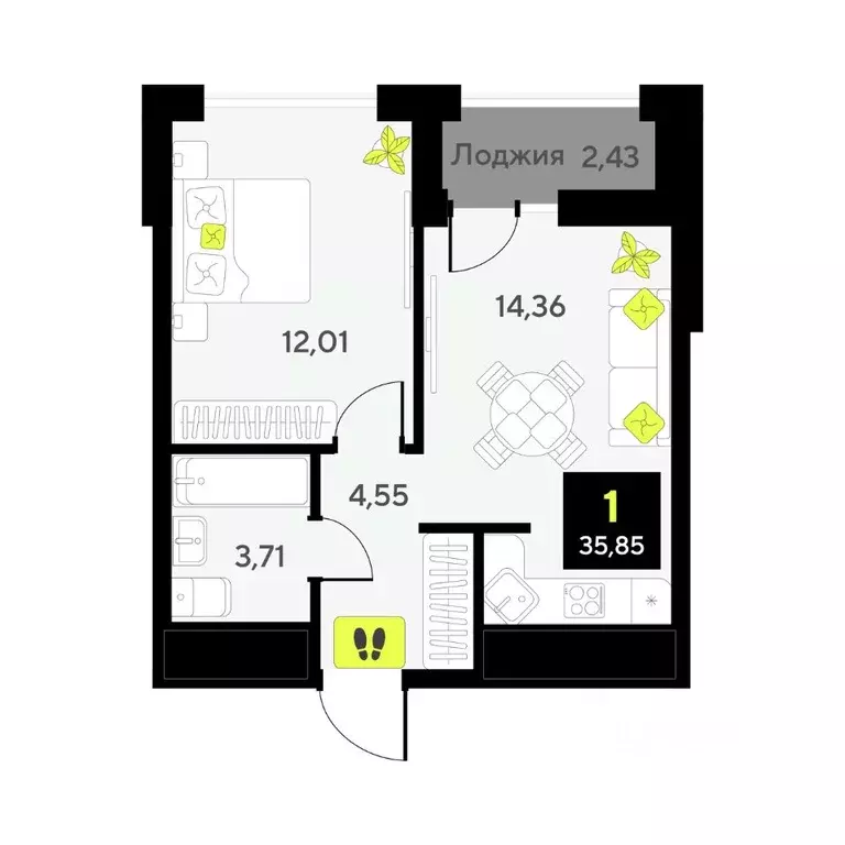 1-к кв. Тюменская область, Тюмень ул. Андрея Приказнова, 1 (35.85 м) - Фото 1