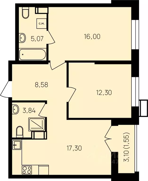 2-к кв. Калужская область, Обнинск ул. Славского, 10 (65.9 м) - Фото 1