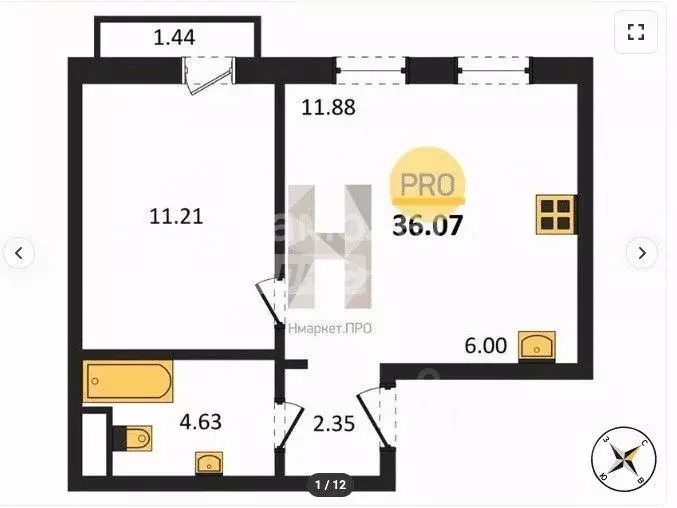 1-к кв. Челябинская область, Челябинск ул. Блюхера, 125В (35.8 м) - Фото 1