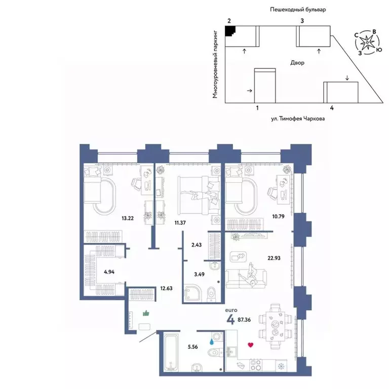 4-к кв. Тюменская область, Тюмень ул. Тимофея Чаркова, 93 (87.36 м) - Фото 0