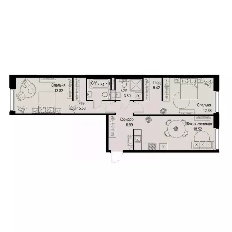Квартира, 2 комнаты, 70.09 м - Фото 0