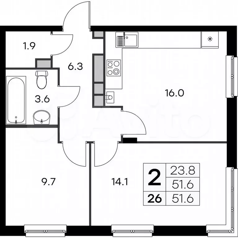 2-к. квартира, 51,6 м, 3/4 эт. - Фото 0