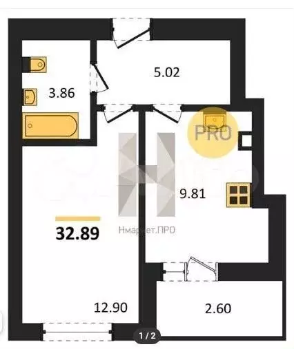 1-к. квартира, 32,9 м, 2/10 эт. - Фото 1