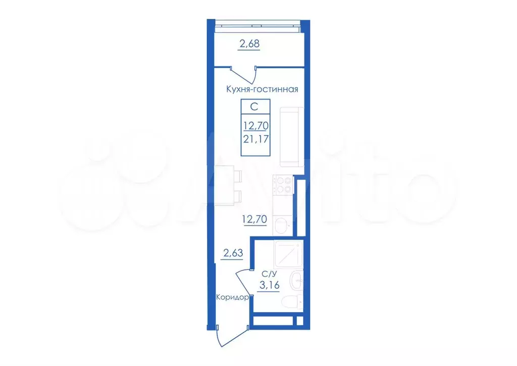 Квартира-студия, 21,2 м, 20/25 эт. - Фото 1