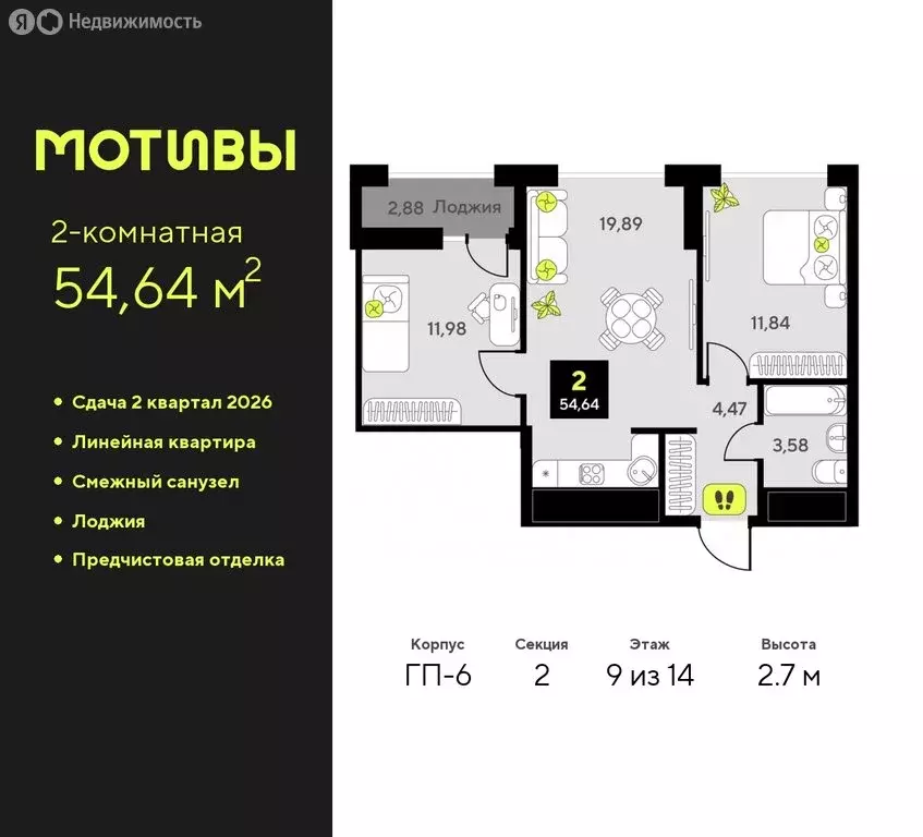 2-комнатная квартира: Тюмень, жилой комплекс Мотивы (54.64 м) - Фото 0