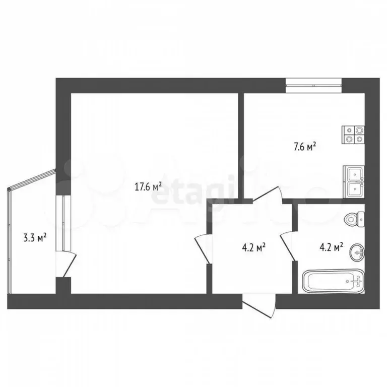 1-к. квартира, 33,4 м, 2/7 эт. - Фото 0