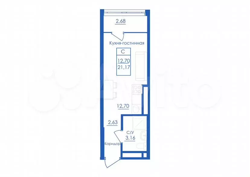 Квартира-студия, 21,2м, 6/25эт. - Фото 1