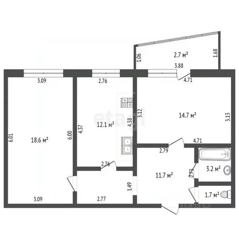 2-к кв. Башкортостан, Стерлитамак ул. Богдана Хмельницкого, 38 (62.0 ... - Фото 1