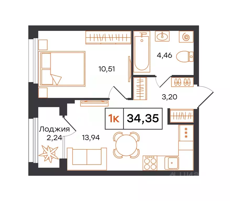 1-к кв. Тюменская область, Тюмень Фатера жилой комплекс (34.35 м) - Фото 1