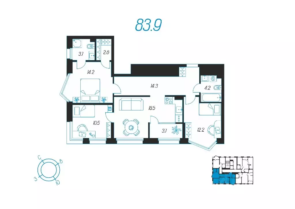 3-к кв. Тульская область, Тула ул. Михеева, 9А (83.9 м) - Фото 1