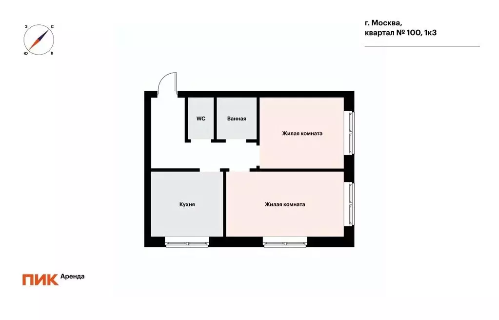 2-к кв. Москва № 100 кв-л, 1к3 (51.9 м) - Фото 2