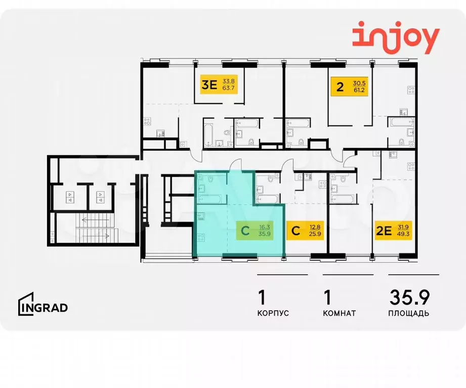 Квартира-студия, 35,9 м, 8/12 эт. - Фото 1