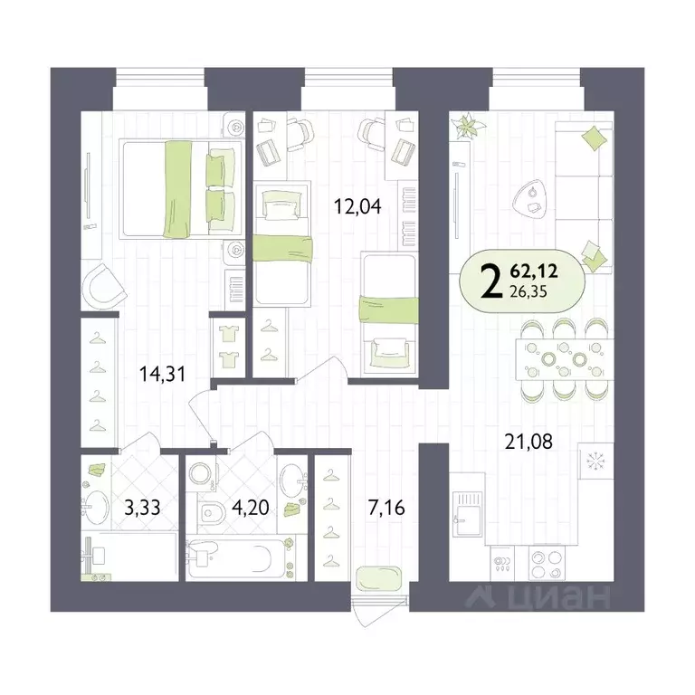 2-к кв. Брянская область, Брянск Бежицкая ул. (62.12 м) - Фото 1