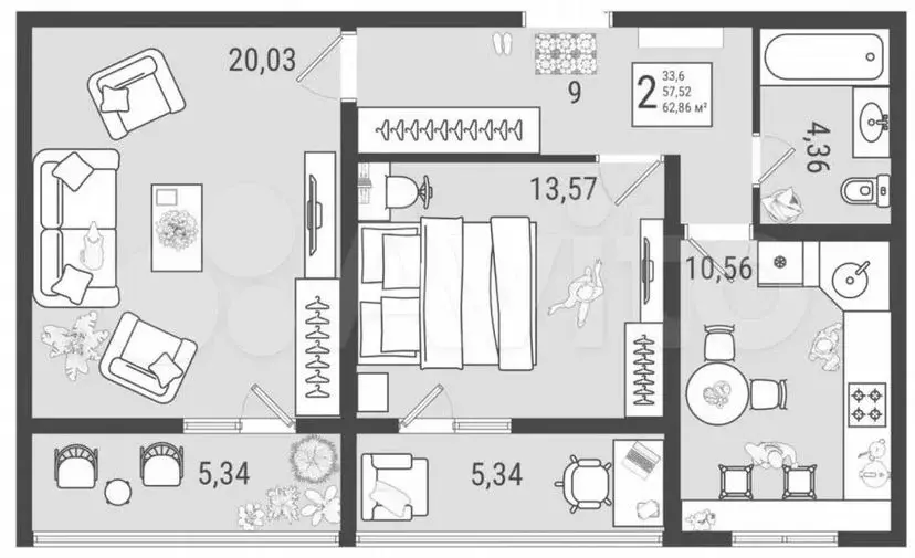 2-к. квартира, 62,9м, 7/9эт. - Фото 0