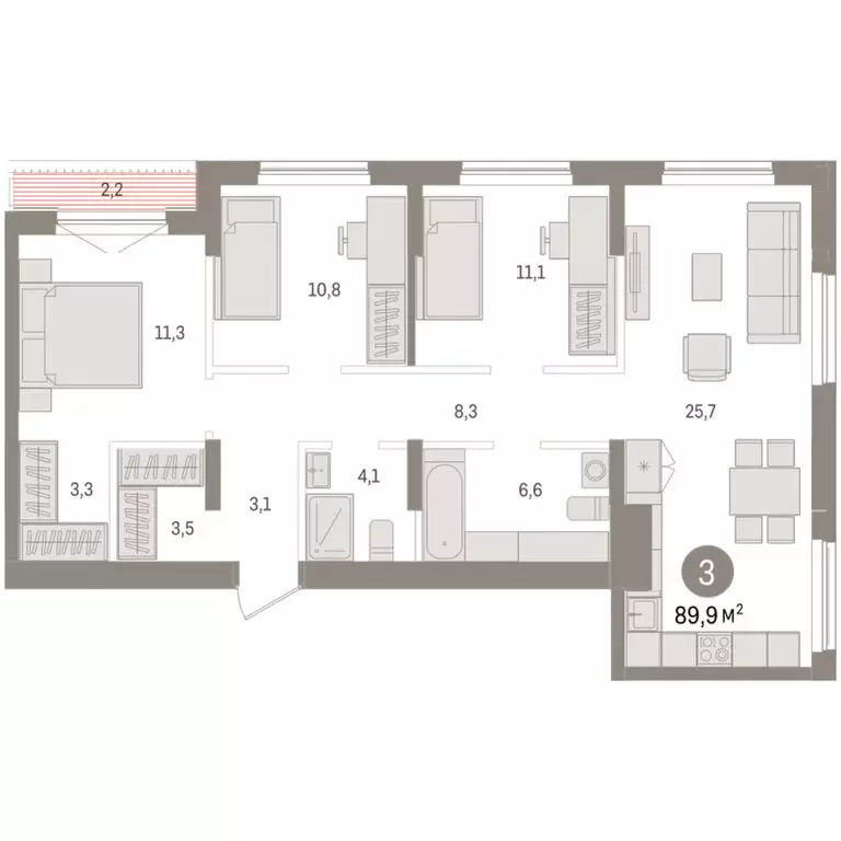 3-комнатная квартира: Новосибирск, улица Аэропорт, 90 (89.91 м) - Фото 2