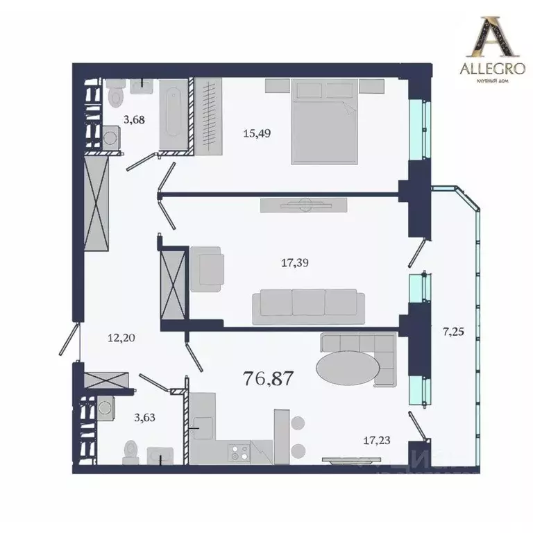 Квартира, 2 комнаты, 76.9 м - Фото 0
