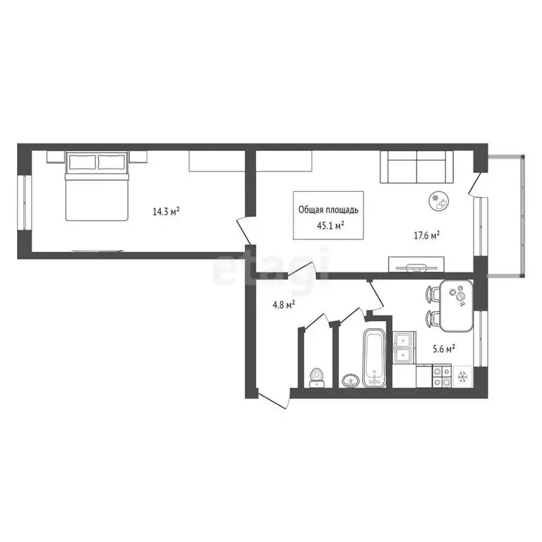 2-комнатная квартира: Новосибирск, улица Станиславского, 19/2 (45.1 м) - Фото 1