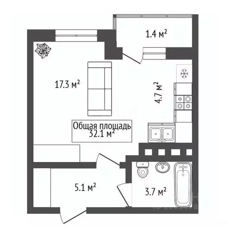 Студия Новосибирская область, Новосибирск ул. Бородина, 54 (32.1 м) - Фото 1