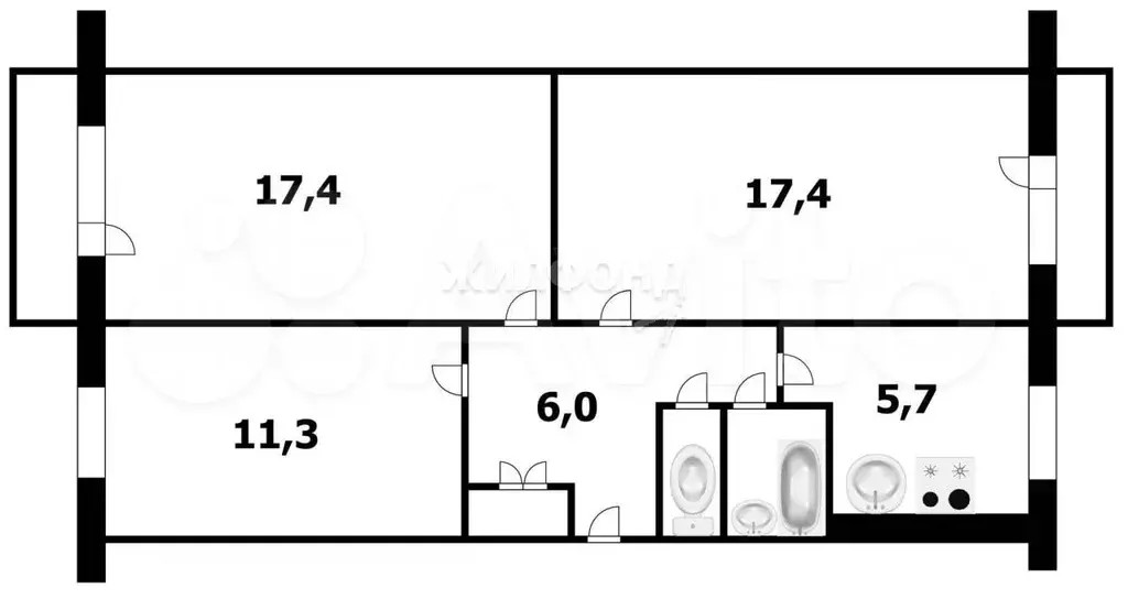 3-к. квартира, 61,6 м, 3/5 эт. - Фото 0