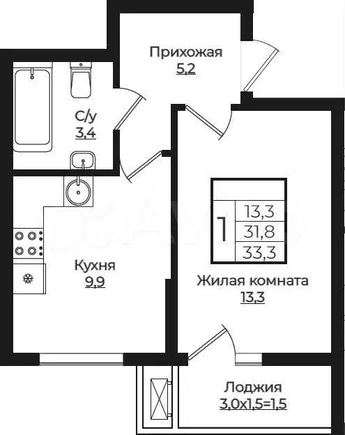 1-к. квартира, 33,3 м, 7/7 эт. - Фото 1