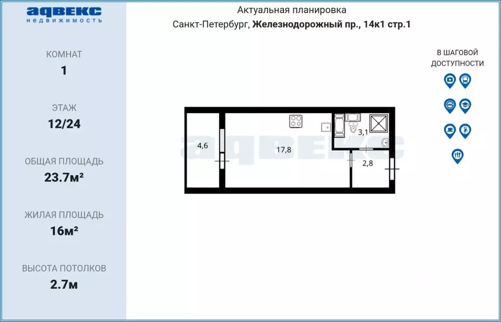 Студия Санкт-Петербург Железнодорожный просп., 14к1 (23.7 м) - Фото 2