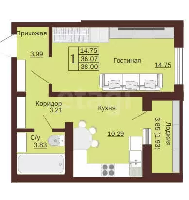 1-комнатная квартира: Оренбург, улица Юркина, 6 (35 м) - Фото 1