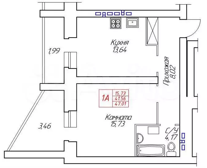 1-к. квартира, 47 м, 1/8 эт. - Фото 0