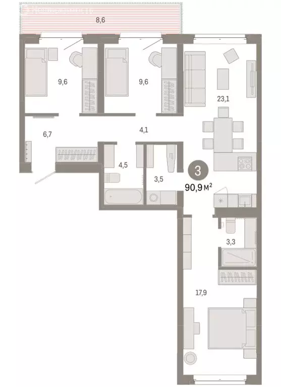 3-комнатная квартира: Тюмень, жилой комплекс На Минской (90.87 м) - Фото 1