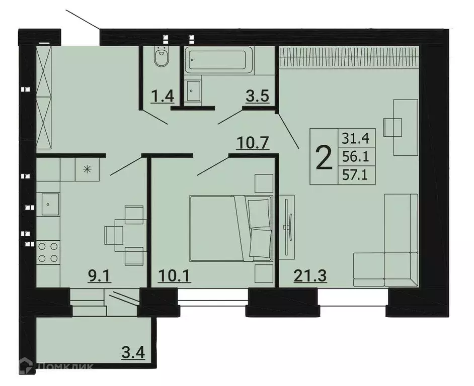 Продаётся 2-к квартира, 57.1 м - Фото 0