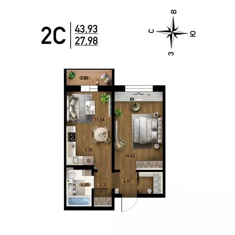 2-к кв. Новосибирская область, Новосибирск ул. Забалуева, с10 (43.93 ... - Фото 0