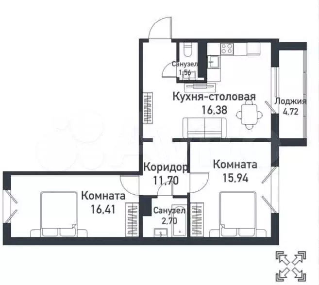 2-к. квартира, 64,5 м, 3/10 эт. - Фото 0