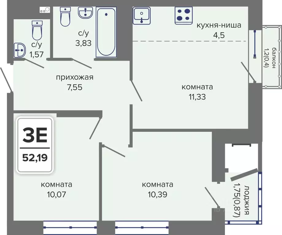 3-к кв. Пермский край, Пермь Гайва мкр,  (52.19 м) - Фото 1