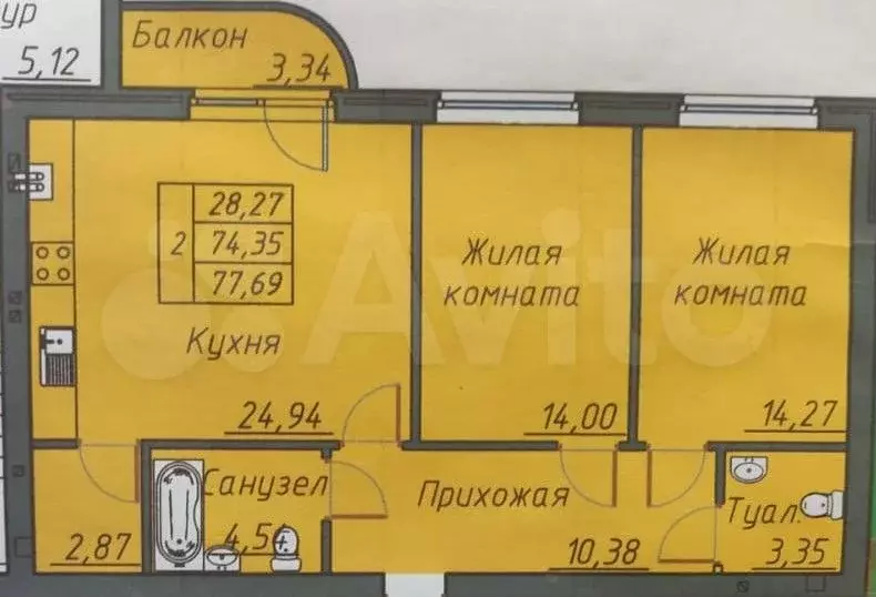 2-к. квартира, 76,9 м, 1/4 эт. - Фото 0