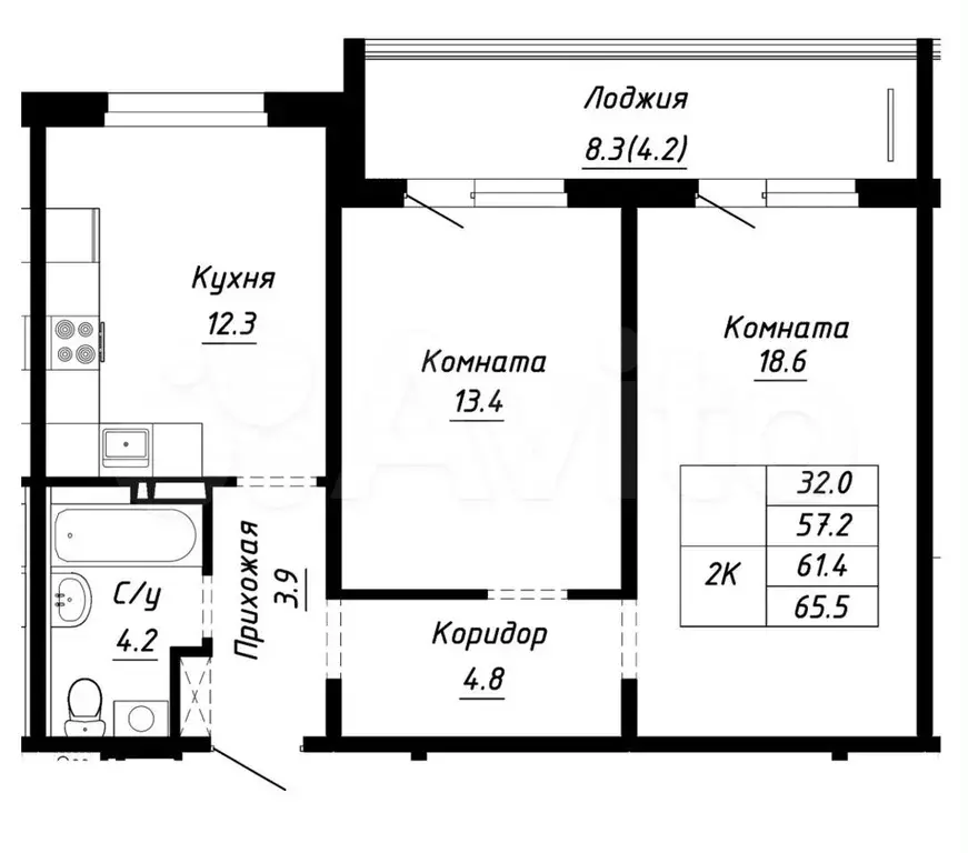 2-к. квартира, 61,4 м, 4/10 эт. - Фото 1