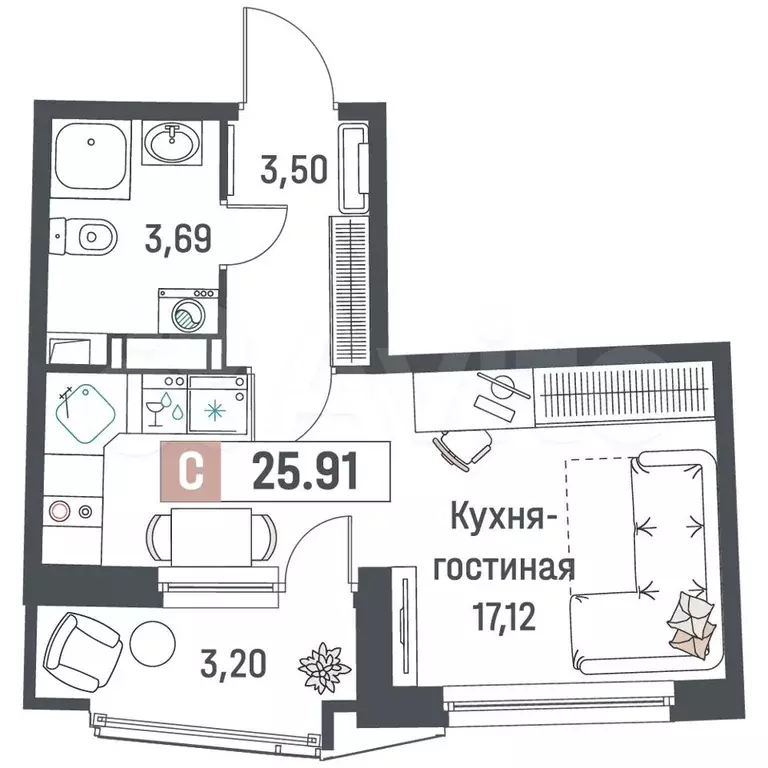 Квартира-студия, 25,9 м, 15/18 эт. - Фото 0