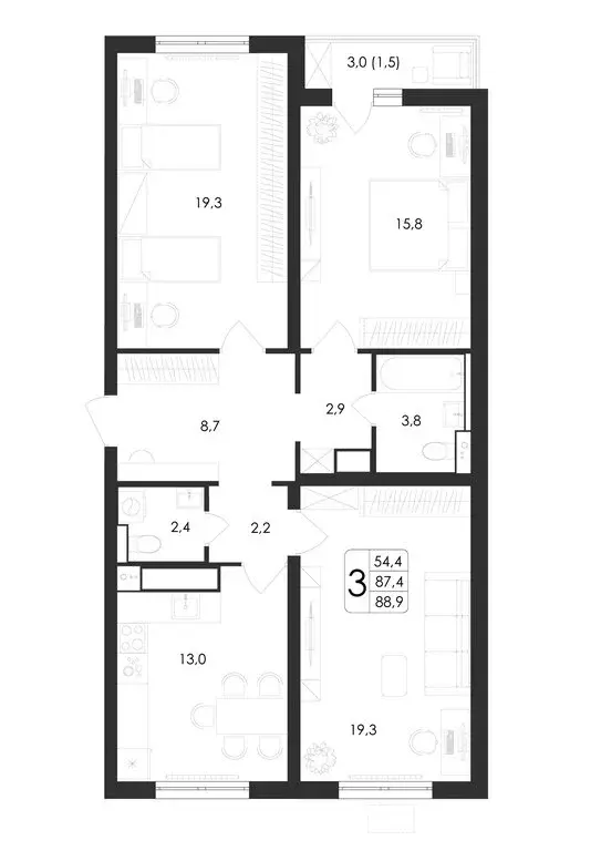 3-комнатная квартира: Воронеж, улица Шишкова, 140Б/23 (88.9 м) - Фото 0