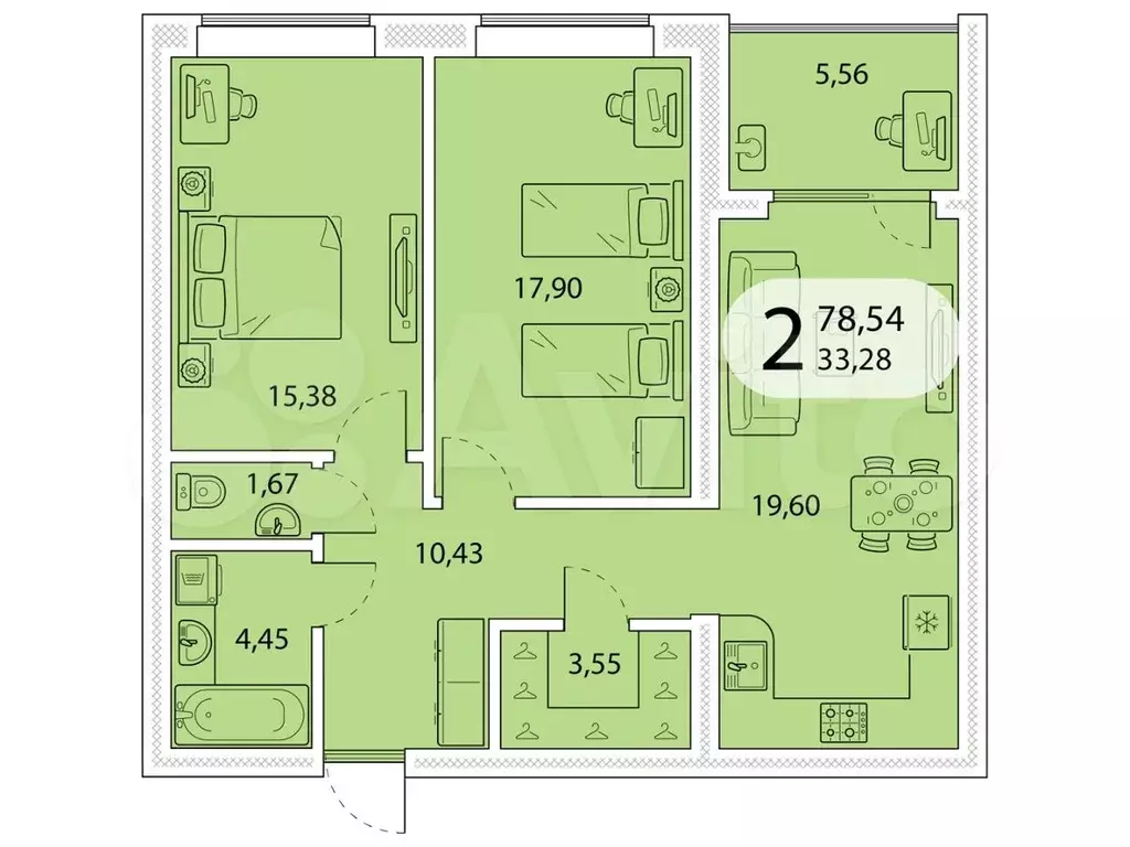 2-к. квартира, 78.5 м, 3/5 эт. - Фото 1