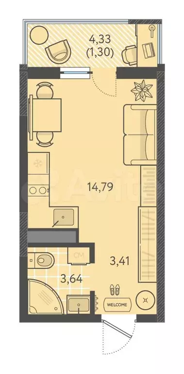 Квартира-студия, 23,1 м, 7/9 эт. - Фото 0