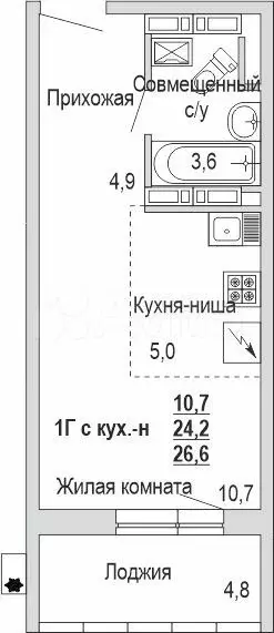 Квартира-студия, 26,6 м, 15/18 эт. - Фото 1