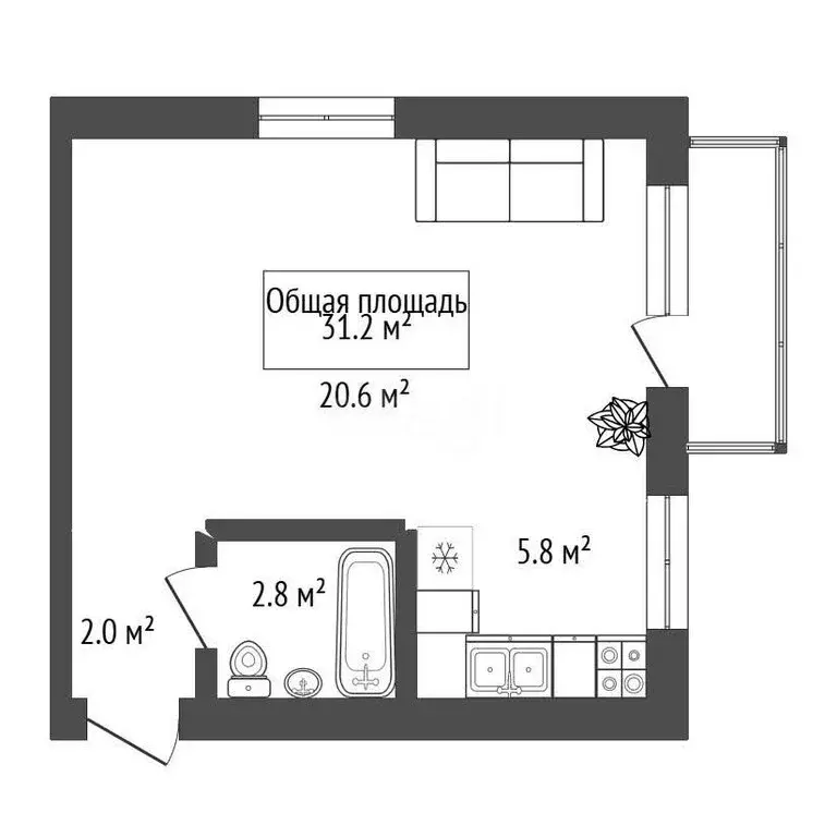 Квартира-студия: Новосибирск, улица Достоевского, 7 (31.2 м) - Фото 1